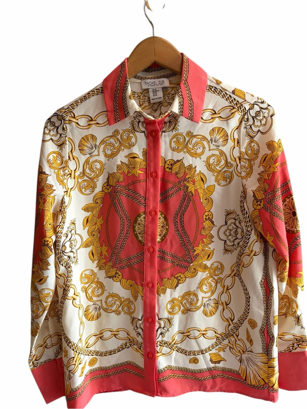 RACHEL ZOE Chain Scarf Seashell Print Silky Button Down
